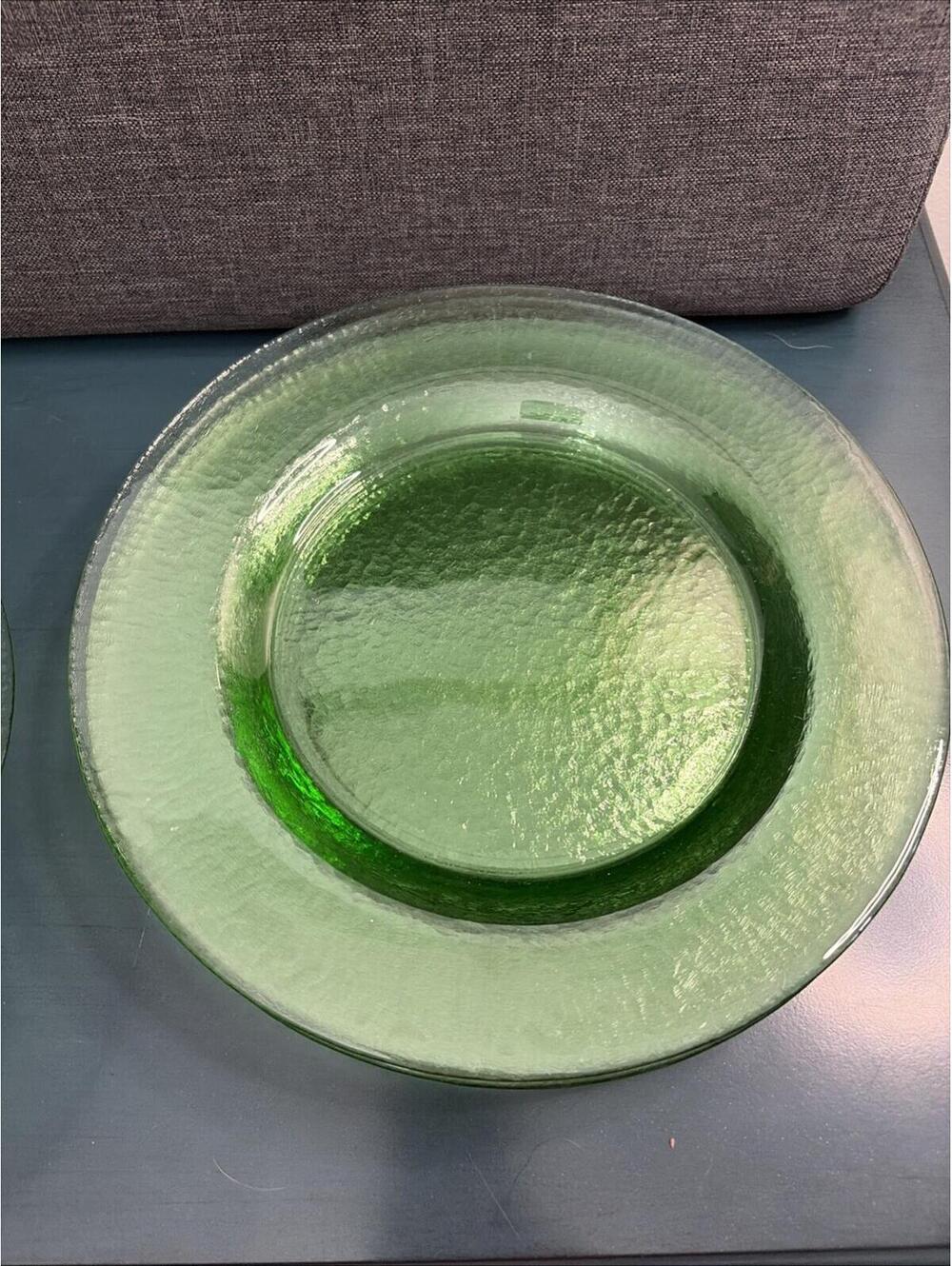 Set 5 Vintage Green Hammered Glass Dinner Plates Textured Italian Tableware